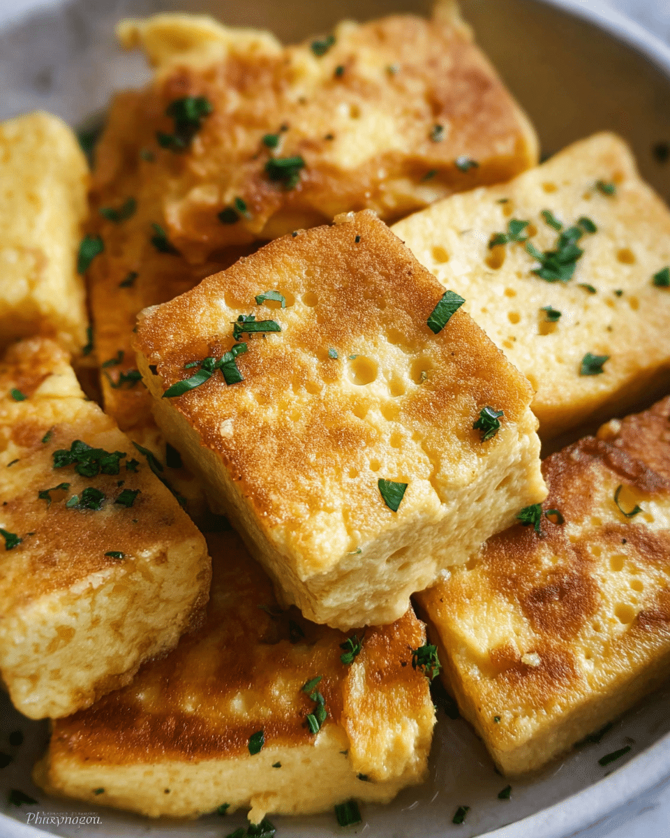 The image shows several square pieces of light golden-brown fried tofu with a slightly crispy texture on top. Each piece has a soft, smooth interior with a few small bubbles visible on the surface. The tofu is sprinkled with finely chopped green herbs, adding a touch of color contrast. The pieces are placed closely together in a white dish, resting on a white marbled surface. The overall look is warm and appetizing, with a mix of soft yellow and green tones. photo taken with an iphone --ar 4:5 --v 7