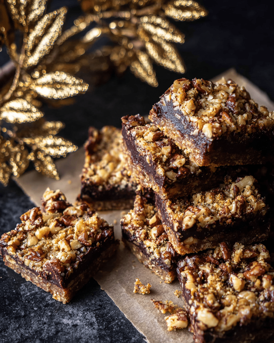 The image shows several thick square bars stacked and laid out on a dark surface with a piece of parchment paper underneath. Each bar has two visible layers: a rich, dark chocolate base layer and a crunchy, golden-brown nutty topping with chopped nuts sprinkled unevenly on top. The texture on top is rough and crumbly with some nuts sticking out, while the chocolate layer looks moist and dense. In the background, there is a decorative golden branch with leaves, adding a shiny and festive touch to the scene. photo taken with an iphone --ar 4:5 --v 7