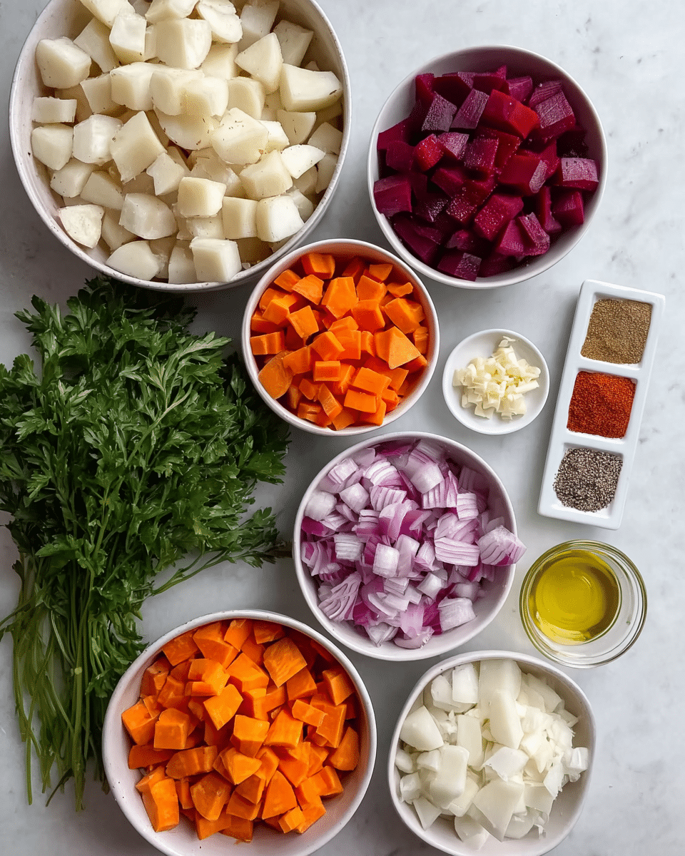 The image shows several white bowls arranged on a white marbled surface, each filled with different diced vegetables and ingredients. At the top left is a large bowl full of small white potato cubes with skin, and to its right is a smaller bowl with bright red diced beets. Below the beets, there is another bowl filled with orange carrot cubes. Moving to the right, a bowl contains chopped red onions with white and purple layers. At the bottom right is a bowl with orange sweet potato cubes, while the bottom left holds a bowl of white parsnip cubes. Near the center, a small white dish holds minced garlic, and next to it is a rectangular white dish with three piles of spices in gray, pink, and red colors. Between these two dishes and the large bowl with white potato cubes is a bunch of fresh green parsley. In between the parsley and the diced vegetables is a small clear glass container with a light yellow liquid, probably oil. All elements sit neatly on the white marbled surface, with no other items or clutter visible photo taken with an iphone --ar 4:5 --v 7