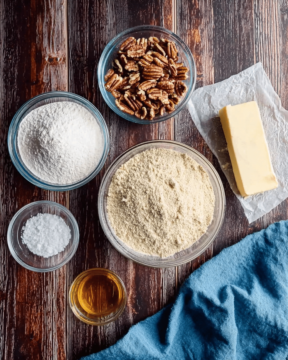 The image shows six clear glass bowls and a stick of butter on a dark wooden surface. The largest bowl at the center holds light beige flour. Above it, a medium bowl contains chopped pecans in brown and cream colors. To the left, a bowl is filled with bright white powdered sugar, and to the right, a small bowl has white salt. In front of the flour bowl, two tiny bowls hold golden vanilla extract and a small pile of salt. A pale yellow stick of butter is placed horizontally near the top right. A blue cloth is partially visible at the bottom left corner. The surface is dark wood with a white marbled texture. photo taken with an iphone --ar 4:5 --v 7