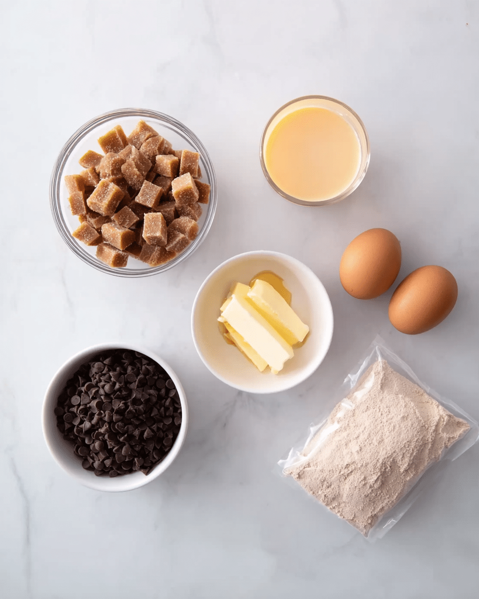 The image shows six separate items placed on a white marbled surface: a clear glass bowl filled with small, light brown caramel-colored cubes on the left; a small white bowl filled with white cream in the center; a white bowl filled with dark brown chocolate chips on the lower right; a clear plastic bag filled with light brown powder on the upper right; two brown eggs next to the plastic bag; and two clear glasses containing light beige liquid with an orange base placed at the top. Everything is spaced evenly, creating a clean and organized look photo taken with an iphone --ar 4:5 --v 7