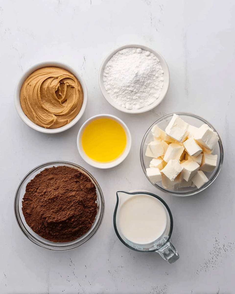 The image shows six small white bowls and one clear measuring cup arranged on a white marbled surface. From the top left, there is a bowl filled with smooth, light brown peanut butter. Next to it is a bowl filled with white powdered sugar. To the right is a bowl with bright yellow melted butter. Below the peanut butter, there is a bowl containing fine dark brown cocoa powder. To the right of the cocoa, a clear glass bowl holds white cream cheese cut into chunks. Lastly, a clear measuring cup holds white cream or milk. All items are spaced evenly apart. Photo taken with an iphone --ar 4:5 --v 7
