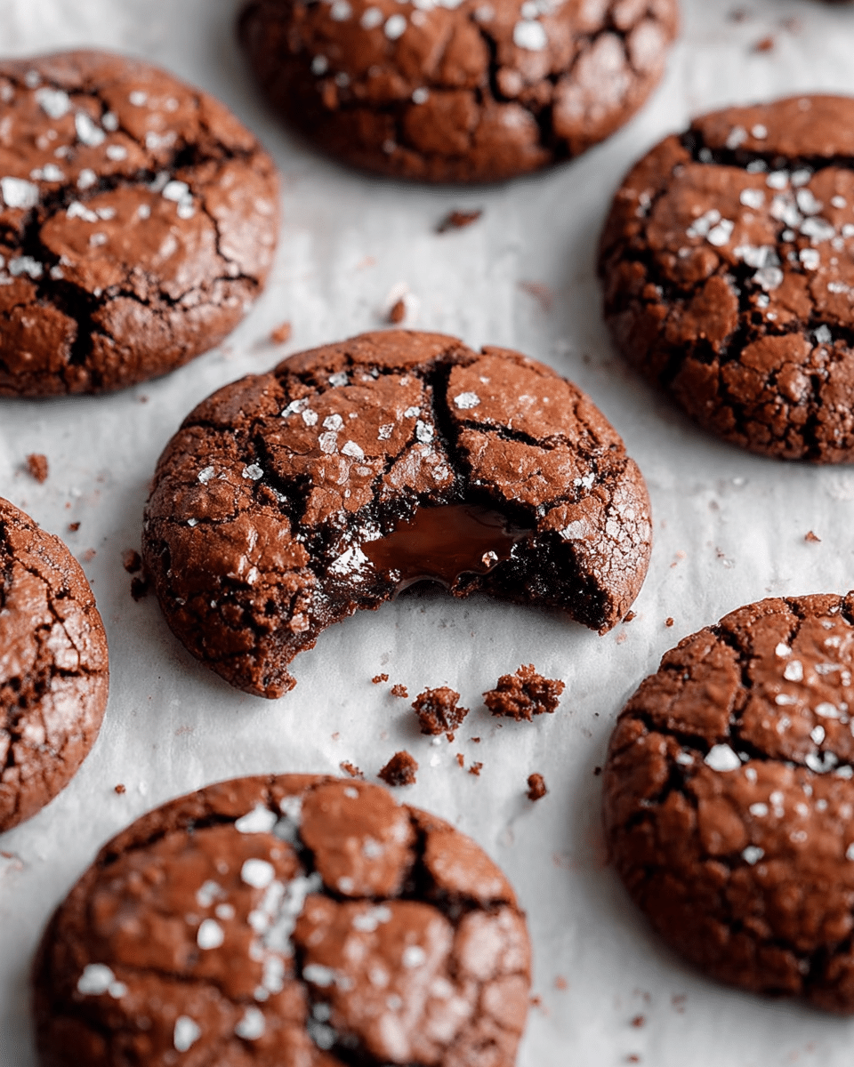The image shows soft chocolate cookies with a cracked top surface sprinkled with coarse salt, arranged on white parchment paper over a white marbled surface. The cookies are round and thick, with a rich dark brown color and rough texture. One cookie in the center has a bite taken out, revealing a glossy, melted dark chocolate inside. Small bits of salt and cookie crumbs are scattered around, emphasizing the freshly baked look. The light source highlights the shiny cracks and melted chocolate, making the cookies look moist and inviting. Photo taken with an iphone --ar 4:5 --v 7