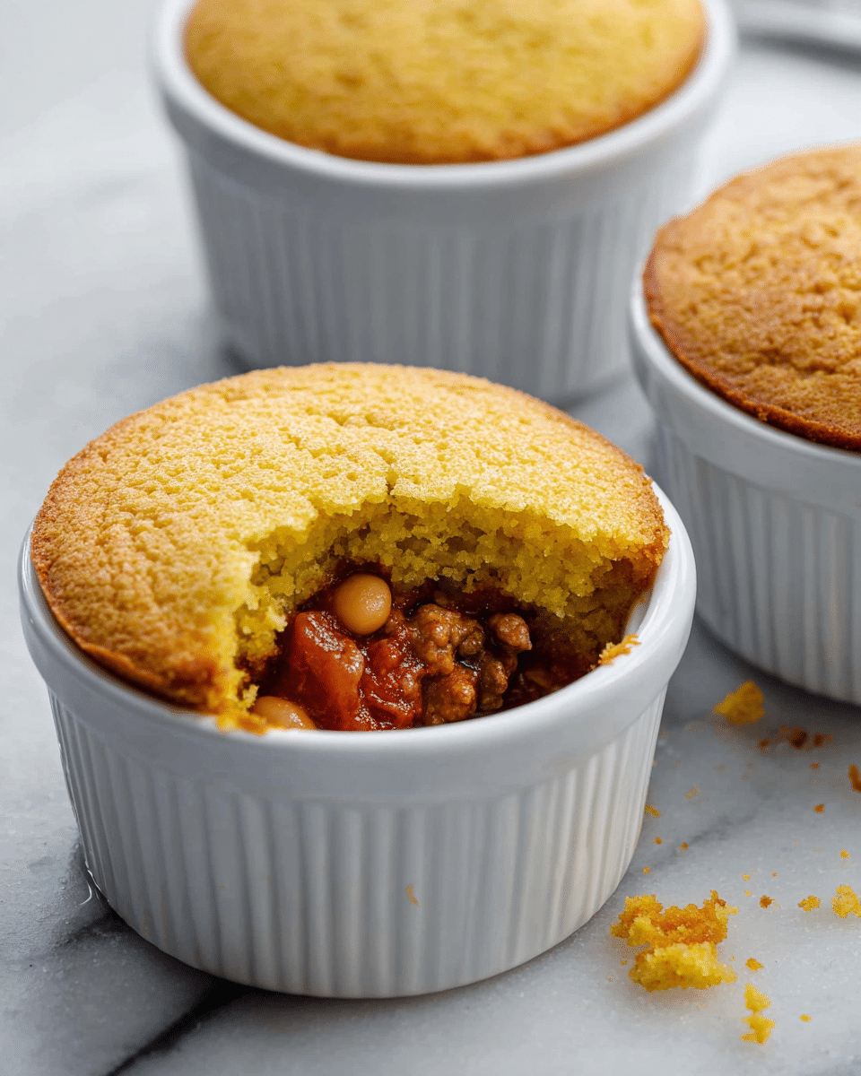 The image shows three white textured ramekins with a golden brown cornbread crust on top. The front ramekin has a portion of the crust removed, revealing a filling underneath made of red tomato sauce with chunks of brown meat and white beans. The cornbread layer looks soft and crumbly, sitting above the hearty, chunky filling. The ramekins are placed on a white marbled surface, and some crumbs are scattered around the front dish. Photo taken with an iphone --ar 4:5 --v 7