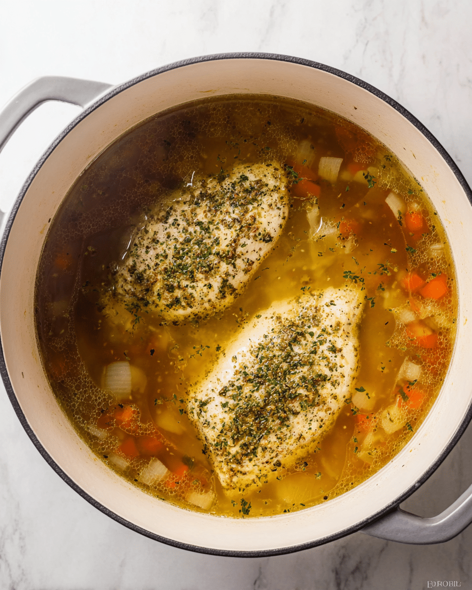 The image shows two pieces of white chicken meat simmering in a white pot filled with clear golden broth. The broth has small chunks of vegetables like orange carrot bits and translucent onion pieces floating around, as well as sprinkles of green herbs evenly scattered on the chicken and in the liquid. The pot sits on a white marbled surface, and the edges of the pot have a dark rim, with gray handles visible on both sides, and the photo taken with an iphone --ar 4:5 --v 7