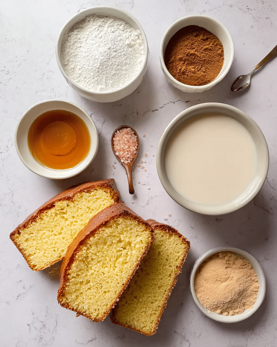 The image shows two slices of soft yellow cake with a golden-brown crust, placed on a white marbled surface. Around them are five small white bowls containing different ingredients: one with white flour, one filled with brown sugar, one with a golden liquid, one with a light brown powder, and a small spoon holding a pinkish salt. The arrangement is neat, and the lighting is natural, highlighting the textures of the cake and ingredients. Photo taken with an iphone --ar 4:5 --v 7