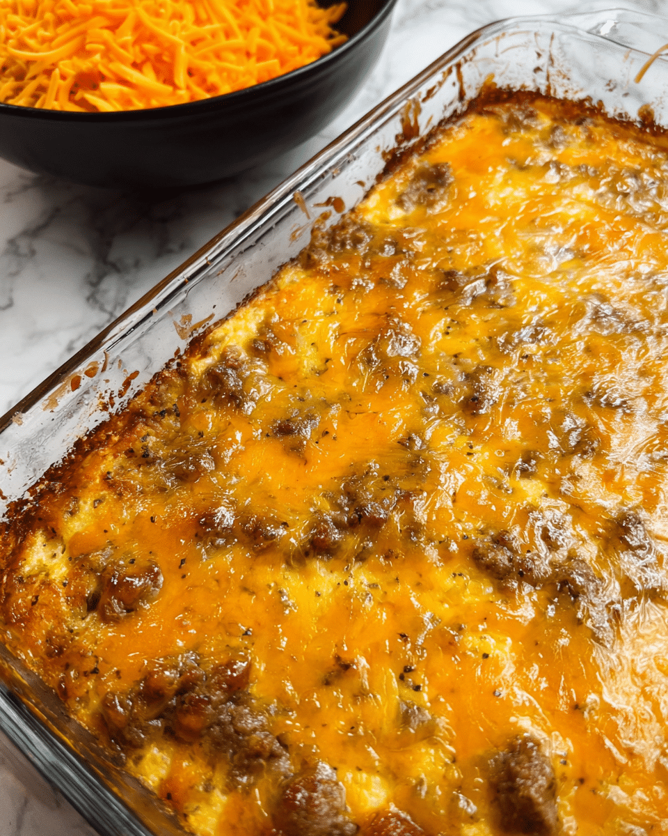 This image shows a close-up of a baked casserole in a clear glass dish. The casserole has one visible layer covered with melted cheese that is golden yellow with some darker orange spots, and bits of browned meat scattered throughout. The cheese looks shiny and bubbly with an oily texture on top. The edges of the glass dish show some browning from baking. Next to the dish is a black bowl filled with shredded orange cheese resting on a white marbled surface. photo taken with an iphone --ar 4:5 --v 7