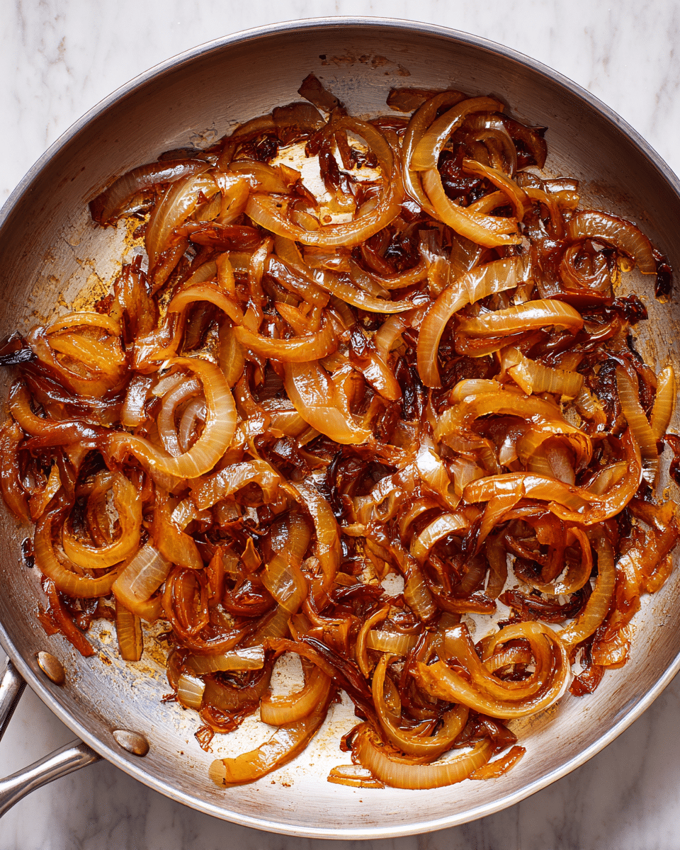 This image shows a metal pan filled with cooked onions. The onions are soft and have a shiny, caramel brown color with some darker brown edges. They are thinly sliced and spread evenly across the pan, showing a mix of curved and straight shapes. The pan surface has a light reflecting shine from the oil or sauce coating the onions. The background is a white marbled surface. photo taken with an iphone --ar 4:5 --v 7