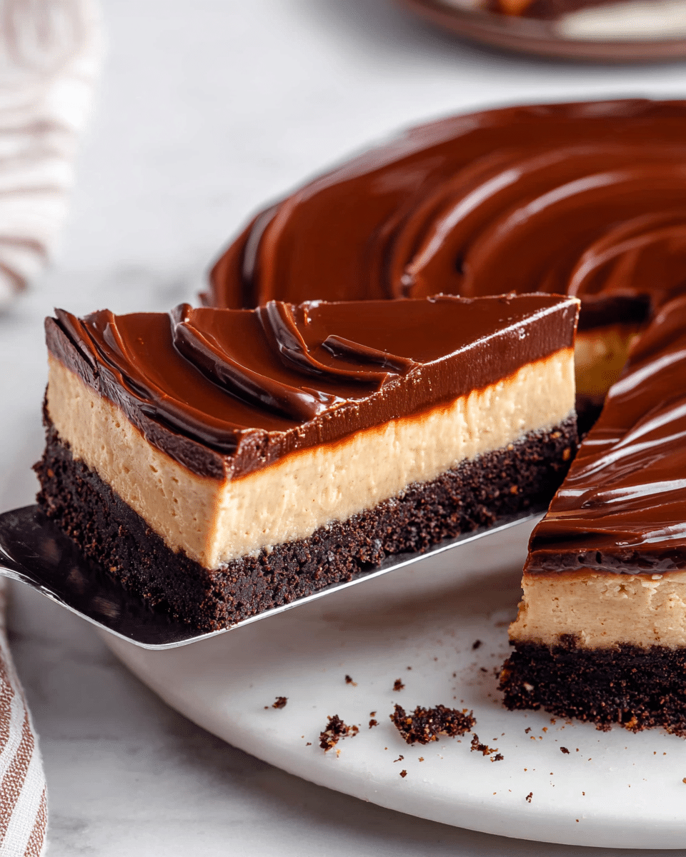 This image shows a three-layered dessert on a white plate placed on a white marbled surface. The bottom layer is dark brown with a crumbly texture, resembling a thick crust. Above this is a lighter brown middle layer that looks smooth and creamy. The top layer is a glossy, dark chocolate glaze with soft, uneven swirls creating a shiny surface. A slice of the dessert is being lifted by a metal spatula, showing clean edges that highlight each distinct layer. Some crumbs are scattered near the base of the dessert, adding a bit of texture to the scene. Photo taken with an iphone --ar 4:5 --v 7