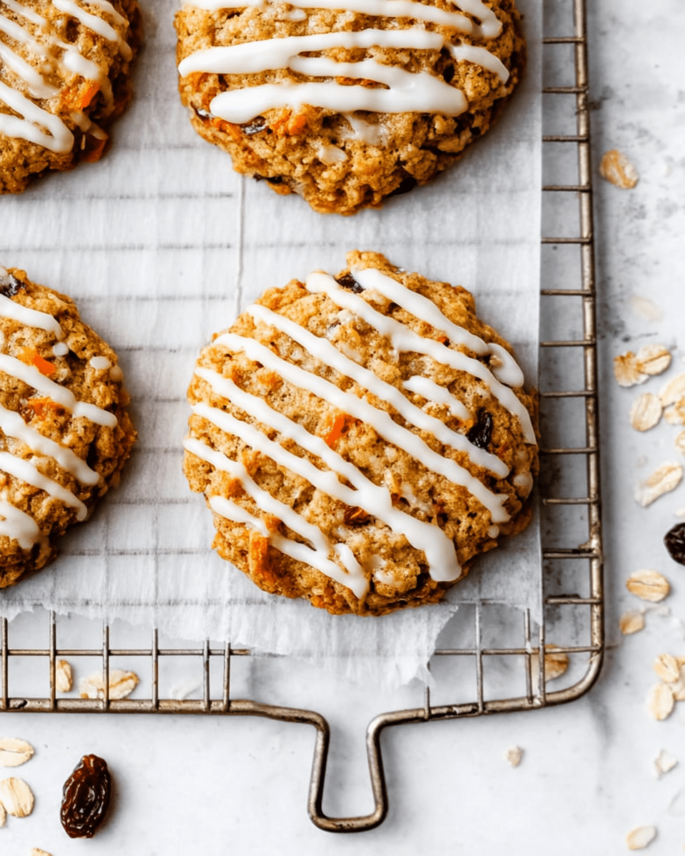 Three round oatmeal cookies sit on a silver cooling rack over white parchment paper on a white marbled surface. Each cookie is golden brown with visible oats, raisins, and small orange carrot bits, and topped with thin white icing stripes running diagonally. The cookies have a rough texture from the oats and ingredients. The cooling rack is in a square grid pattern with a metal handle at the bottom. A few raisins and scattered oats are on the white marbled surface near the rack. Photo taken with an iphone --ar 4:5 --v 7