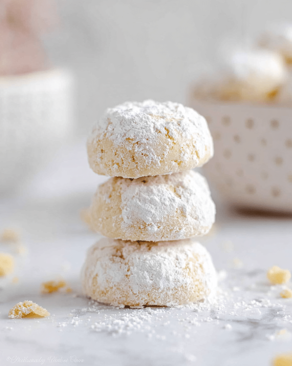 Three small round cookies stacked on top of each other. Each cookie is pale beige and covered with a thick layer of white powdered sugar, giving them a soft, slightly rough texture. The cookies are placed on a white marbled surface with a few small crumbs scattered around. In the background, there is a soft focus of a white bowl with small dots. The lighting is bright and soft, highlighting the powdered sugar on the cookies. photo taken with an iphone --ar 4:5 --v 7