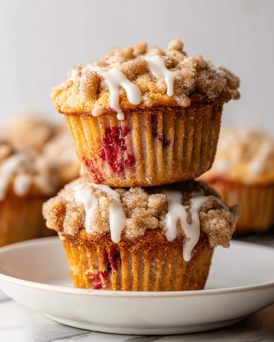 Two muffins stacked on top of each other on a white plate with a white marbled surface. Each muffin has a golden-brown bottom layer with bits of red berry seen inside, a crumbly light brown streusel topping with some larger chunks, and drizzles of white icing that slightly flow down the sides. The muffins look soft with textured crumbs and a moist appearance, and more muffins are blurred in the background. Photo taken with an iphone --ar 4:5 --v 7