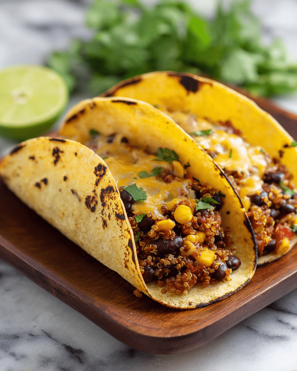 Two soft tacos are placed side by side on a wooden square plate. Each taco has two light yellow corn tortillas with dark charred marks around the edges, folded to hold the filling. Inside, there is a mix of cooked black beans, yellow corn, red quinoa, melted yellow cheese, and small bits of red tomato or pepper. The fillings show a soft texture with some melted gooey cheese on top and a few green cilantro leaves sprinkled over them. In the background, a slice of lime and some fresh green cilantro are slightly out of focus. The whole scene is set on a white marbled surface. photo taken with an iphone --ar 4:5 --v 7