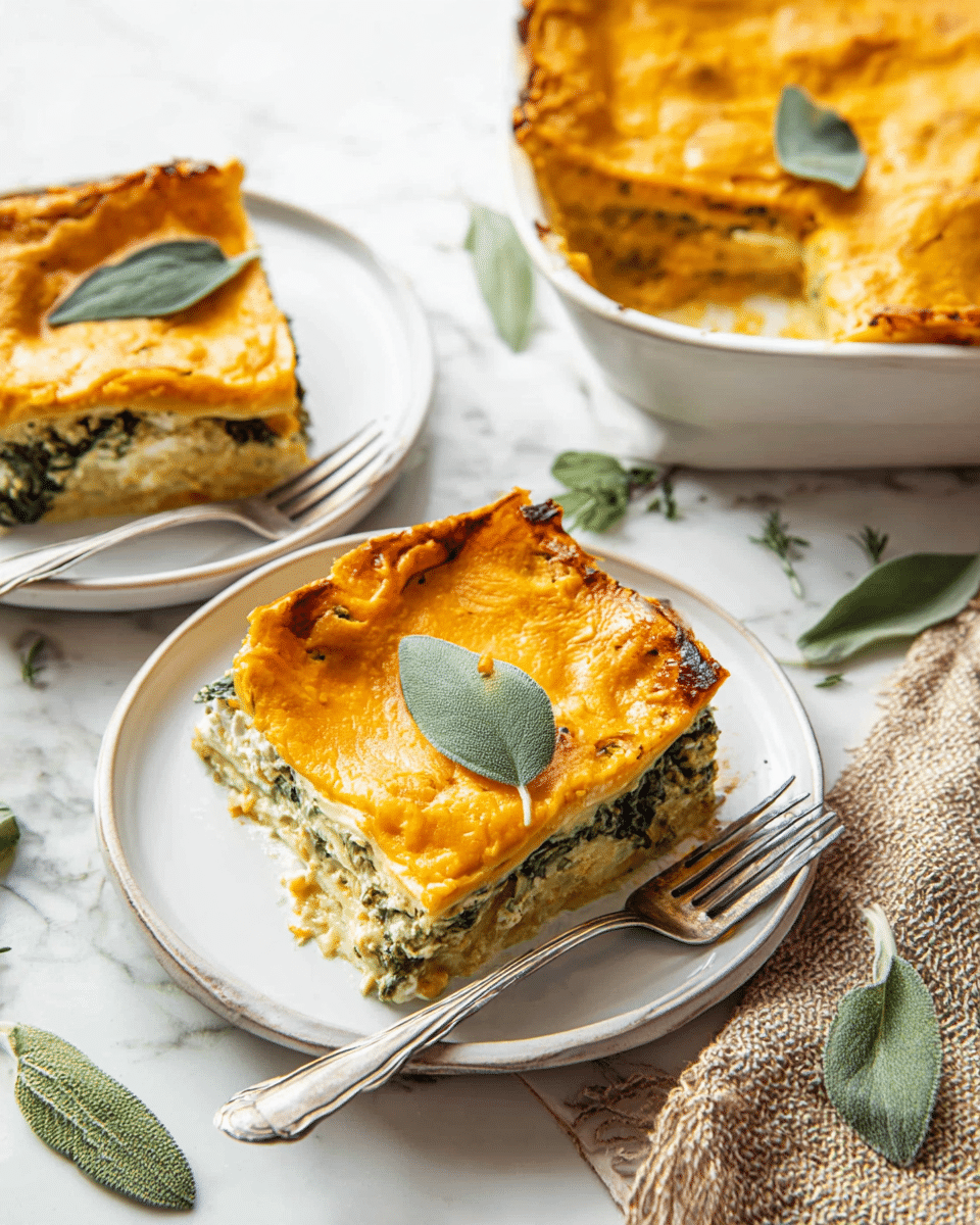 Two square pieces of layered lasagna sit on white plates on a white marbled surface. Each piece has a top golden-orange layer that is smooth with slight ruffles at the edges, above a creamy white layer, and a darker green layer underneath that looks like spinach or herbs. A fresh green leaf garnish rests on each piece. There are two silver forks beside the plates. Near the plates, there is a beige textured cloth and a white baking dish with more of the same lasagna topped with a golden-orange layer. Some green leaves are scattered around the scene. Photo taken with an iphone --ar 4:5 --v 7