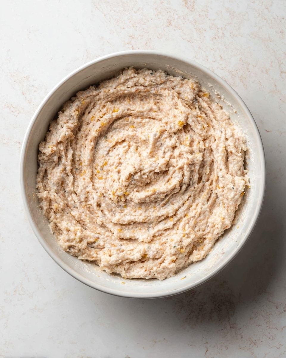 In a white bowl on a white marbled surface, there is a thick, pale mixture with a rough texture. It has light beige and soft pink tones with small bits of yellow and darker specks evenly spread throughout. The mixture has visible marks from a fork, creating curved ridges and lines in different directions on the surface. The overall look is dense and grainy with an uneven pattern. photo taken with an iphone --ar 4:5 --v 7