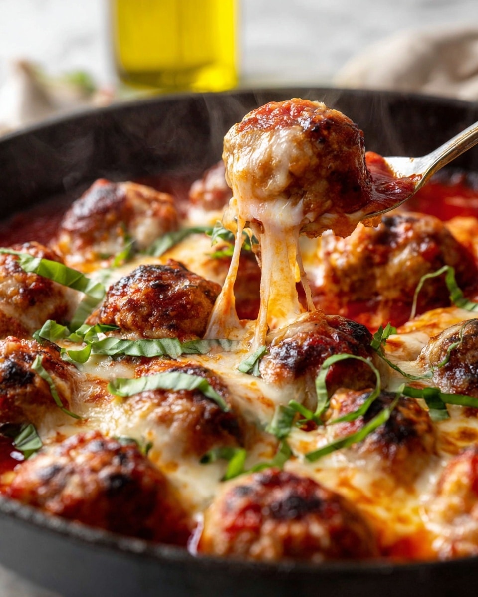 The image shows a close-up of a skillet filled with round meatballs covered in melted golden cheese, bubbling slightly with hints of browned spots on top. The meatballs sit in a rich, red tomato sauce that supports them at the base. Thin strips of fresh green basil leaves are scattered over the dish, adding a fresh contrast to the warm colors. A spoon is lifting one meatball, stretching melted cheese down toward the pan, with a faint wisp of steam rising from the hot food. The skillet rests on a white marbled surface with a blurred bottle of yellow olive oil in the background. Photo taken with an iphone --ar 4:5 --v 7