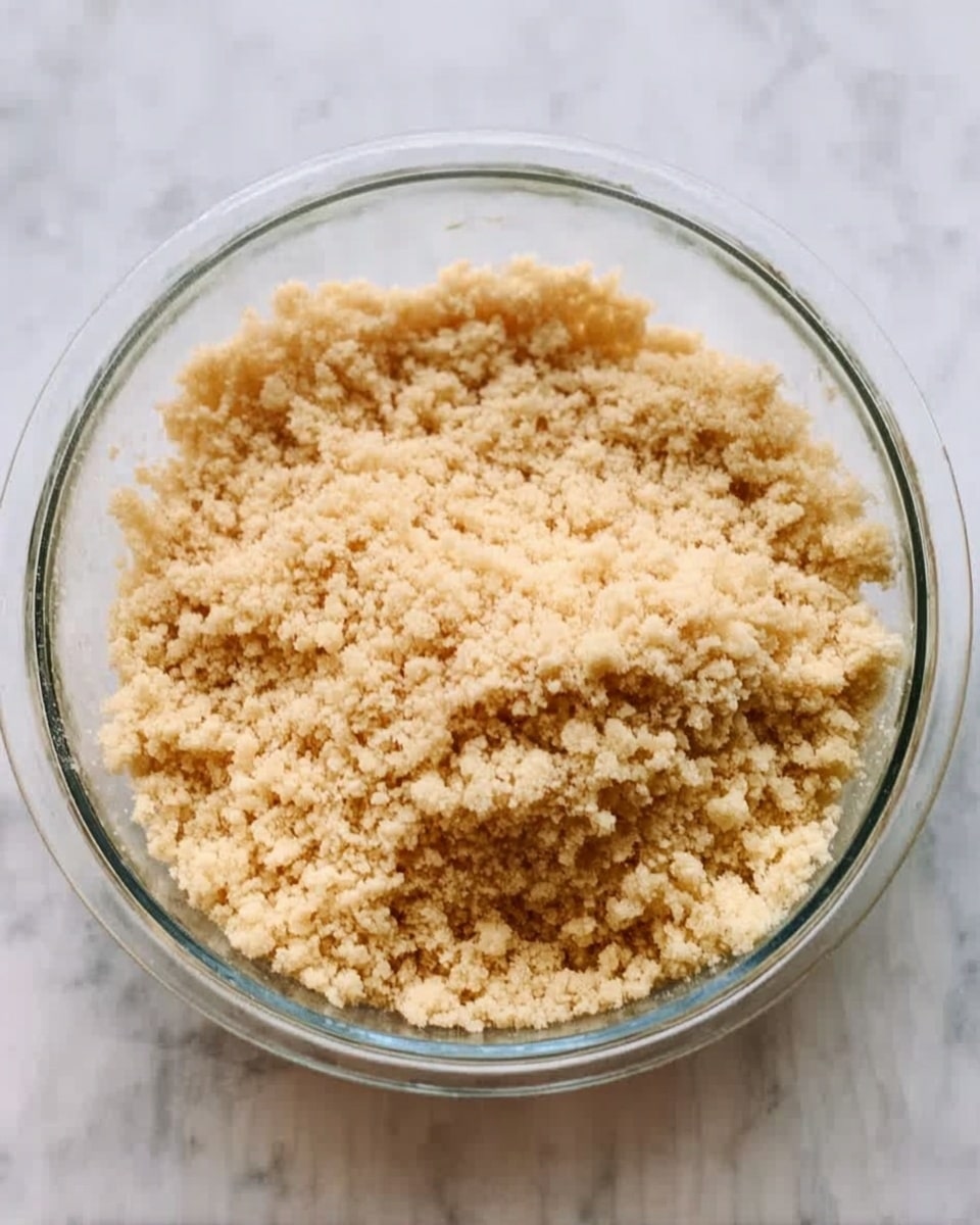 A clear glass bowl filled with one layer of crumbly, light tan mixture with rough texture, resembling small coarse crumbs or streusel topping, placed on a surface with white marbled texture, photo taken with an iphone --ar 4:5 --v 7