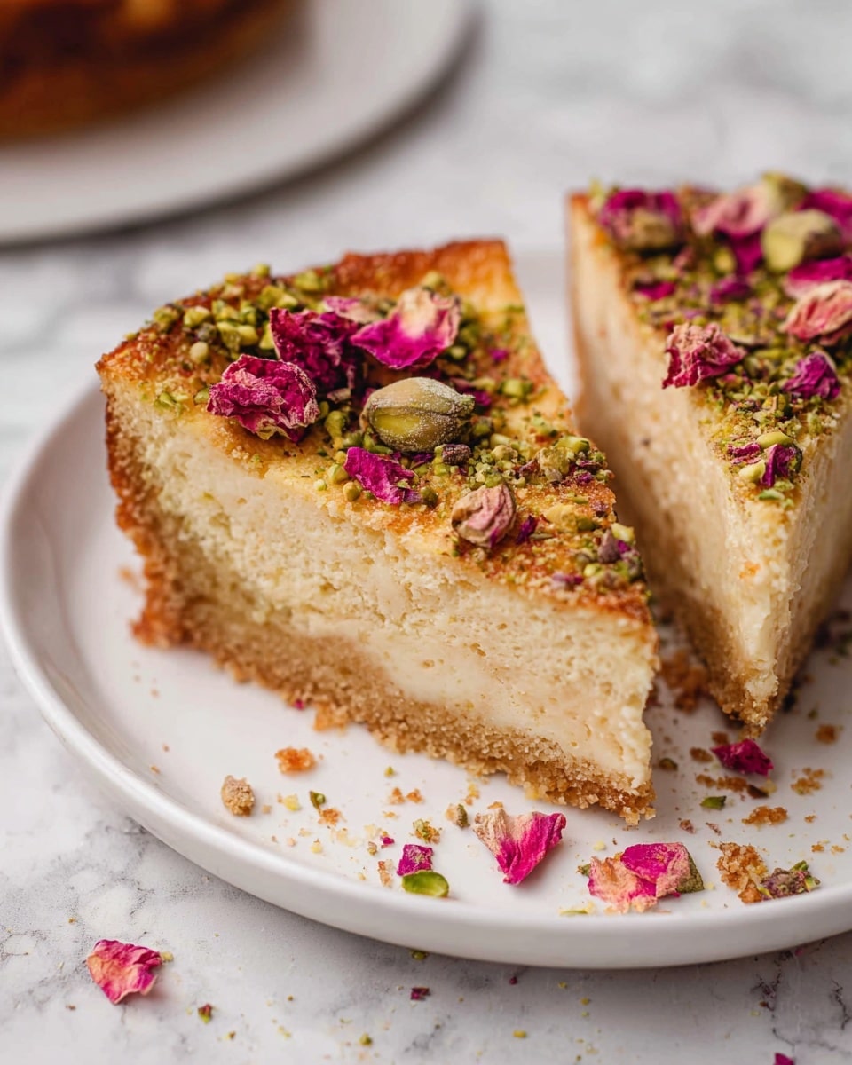 The image shows a close-up of two slices of cake on a white plate. Each slice has a thick, golden-brown crust surrounding a creamy, light beige filling layer. The top layer is decorated with chopped green pistachios and scattered bright pink flower petals, adding pops of color and texture. The background is a white marbled surface, with some crumbs around the plate, highlighting the freshness of the cake. Photo taken with an iphone --ar 4:5 --v 7