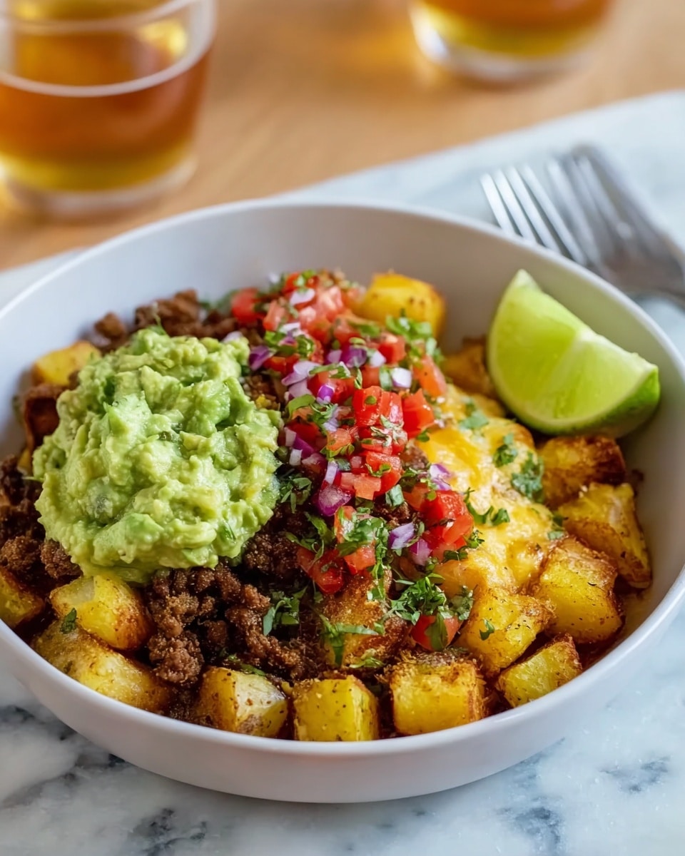 Loaded Potato Taco Bowl with Spiced Beef, Guacamole, and Salsa Recipe