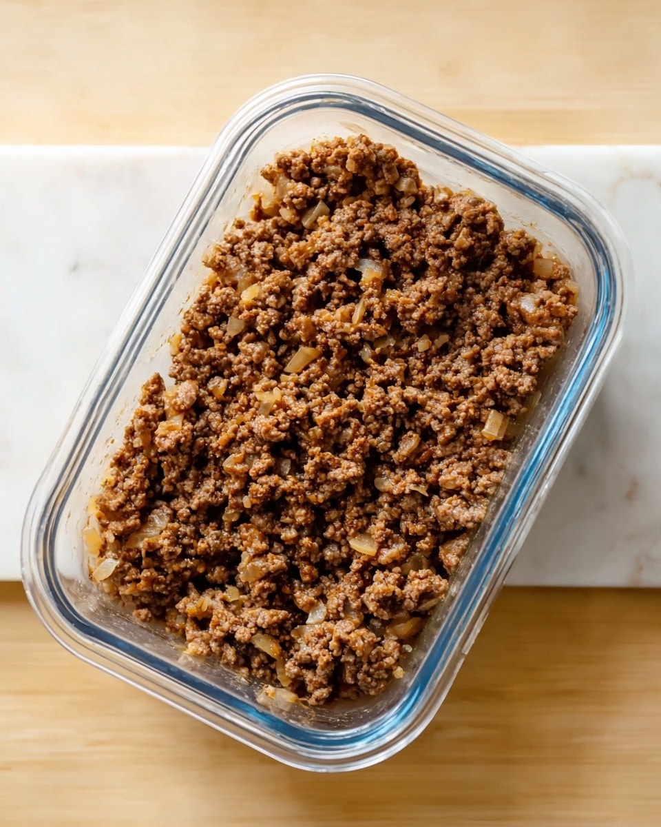 A clear rectangular glass container filled with one thick layer of cooked ground meat mixed with small bits of light-colored onion, showing a crumbly brown texture spread evenly inside. The container sits on its white plastic lid, placed on a white marbled surface. Photo taken with an iphone --ar 4:5 --v 7