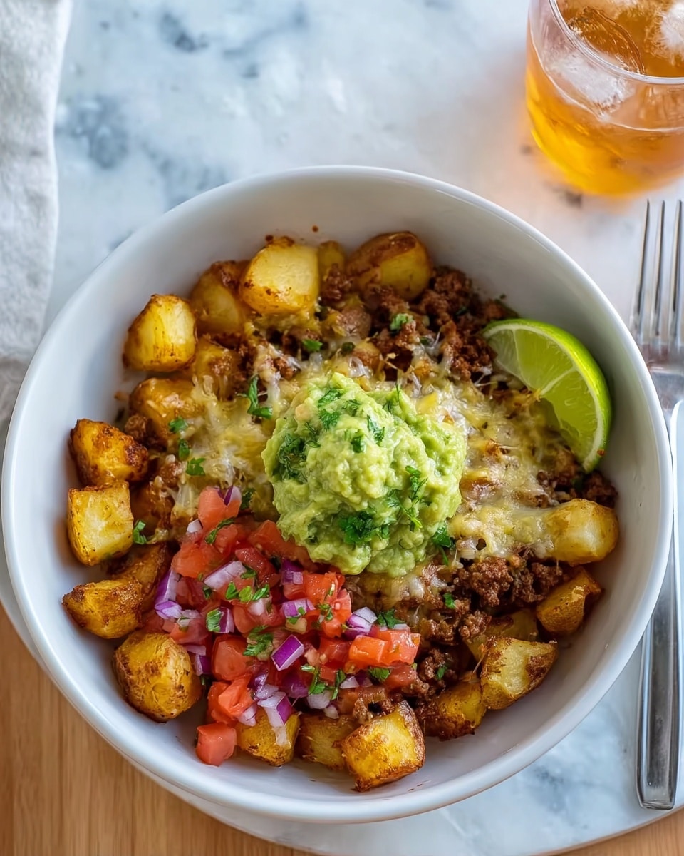 A white bowl filled with three main layers starting from the bottom: golden brown roasted potato chunks, topped with a layer of browned ground meat with melted cheese scattered over it, and finished with a heap of chunky green guacamole placed at the center. On top of the guacamole, there is a colorful salsa made of bright red diced tomatoes, purple onions, and green herbs. A fresh lime wedge rests on the side inside the bowl. The bowl is set on a white marbled surface, with a fork to the right and a glass of amber liquid with ice near the top right corner of the frame. Photo taken with an iphone --ar 4:5 --v 7