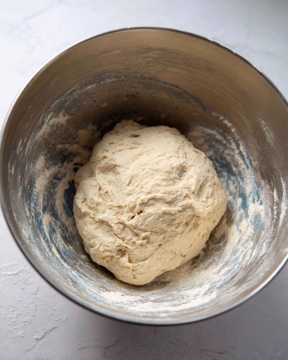 A ball of light beige dough with a soft and slightly rough texture sits in the center of a large metal mixing bowl. The inside of the bowl has some patches of flour dust stuck to its shiny, smooth walls. The bowl is placed on a white marbled surface with a subtle texture, adding a clean and bright background to the scene. photo taken with an iphone --ar 4:5 --v 7