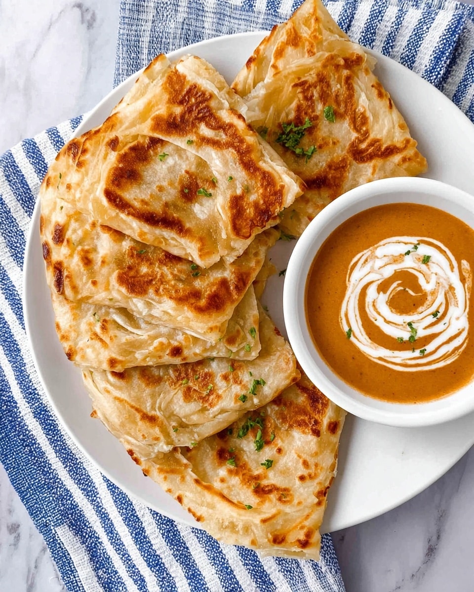 The image shows a white plate holding four pieces of golden-brown flatbread, each piece layered and folded with visible flaky textures and light brown toasted spots. Alongside the flatbread, there is a white bowl filled with smooth orange-brown curry sauce topped with a swirl of white cream and sprinkled with green herbs. The plate is placed on a white marbled surface next to a blue and white striped cloth. Photo taken with an iphone --ar 4:5 --v 7