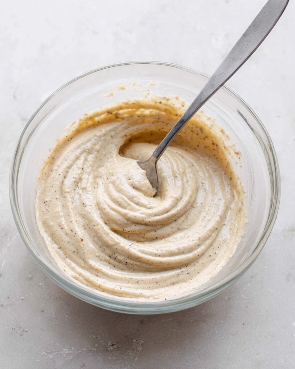 A clear glass bowl sits on a white marbled surface, filled with a thick, creamy light beige mixture with visible small dark specks. The mixture is swirled smoothly with concentric patterns suggesting it has just been stirred. A silver spoon rests inside the bowl, partly covered with the mixture, its handle leaning against the rim of the bowl. The scene is clean and simple, focused on the creamy texture of the mixture. photo taken with an iphone --ar 4:5 --v 7