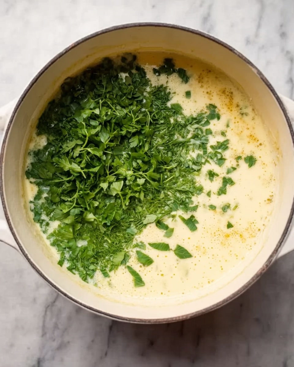 A white pot filled with a creamy light yellow soup topped with a generous layer of fresh chopped green herbs, spread mostly on one side of the soup, creating a contrast between the smooth, pale broth and the vibrant green herbs. The pot sits on a white marbled surface, and the texture of the soup looks smooth with slight oil traces around the edges. The scene is bright and clear, showing the freshness of the ingredients, photo taken with an iphone --ar 4:5 --v 7