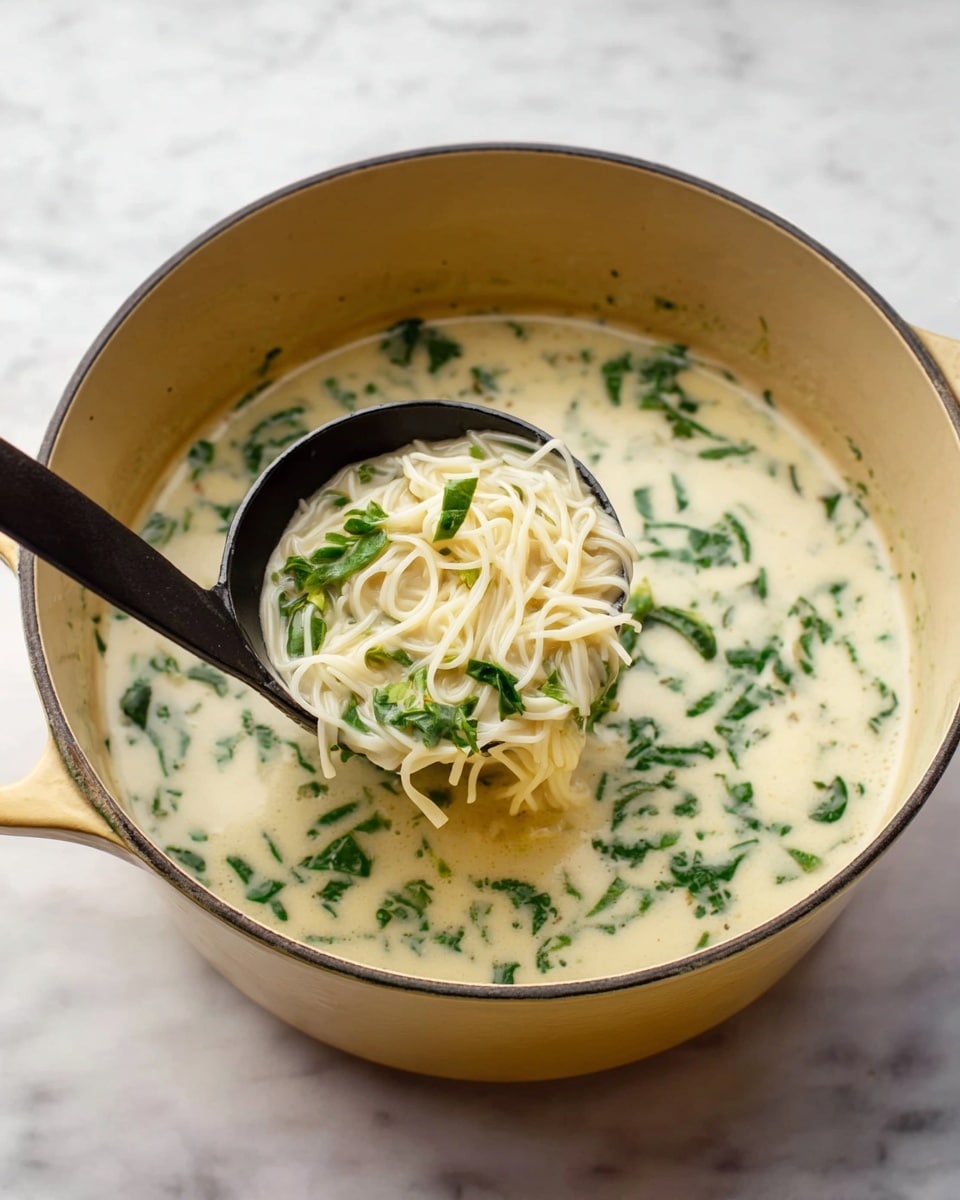 A large light yellow pot filled with a creamy white soup base scattered with many small green leafy herbs all over. Inside the soup, a black ladle is lifting a nest of thin white noodles mixed with some green leaves, showing a thick and rich texture. The pot sits on a white marbled surface with subtle gray veins. photo taken with an iphone --ar 4:5 --v 7
