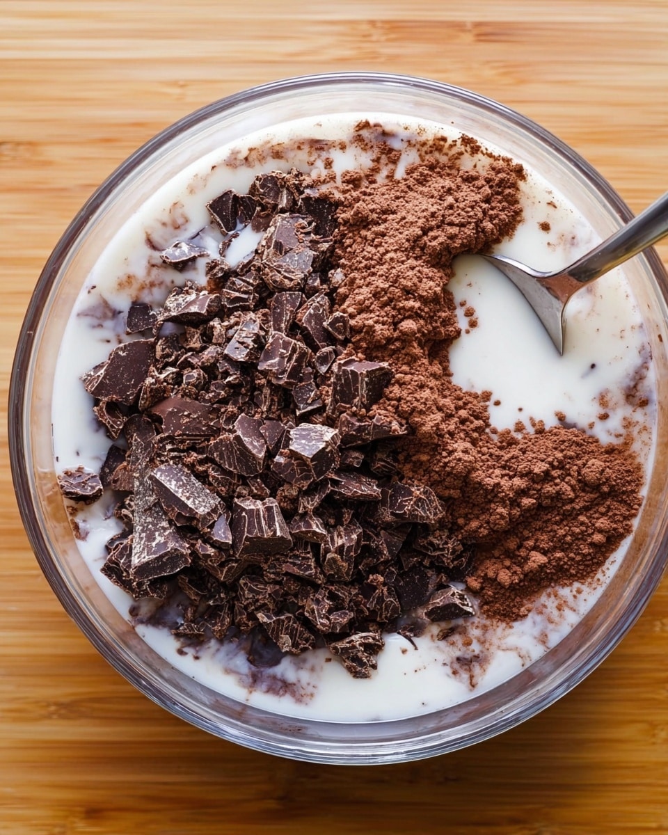 A clear glass bowl sits on a white marbled surface filled with three main layers: dark brown chopped chocolate pieces spread around the edges, a light brown cocoa powder heap near the center, and light cream being poured over and partially soaking the chocolate and powder. A silver spoon is stirring slightly on the right side, breaking into the mixture. The textures vary from the rough chunks, the fine powder, and the smooth liquid, creating a rich, mixed appearance. photo taken with an iphone --ar 4:5 --v 7