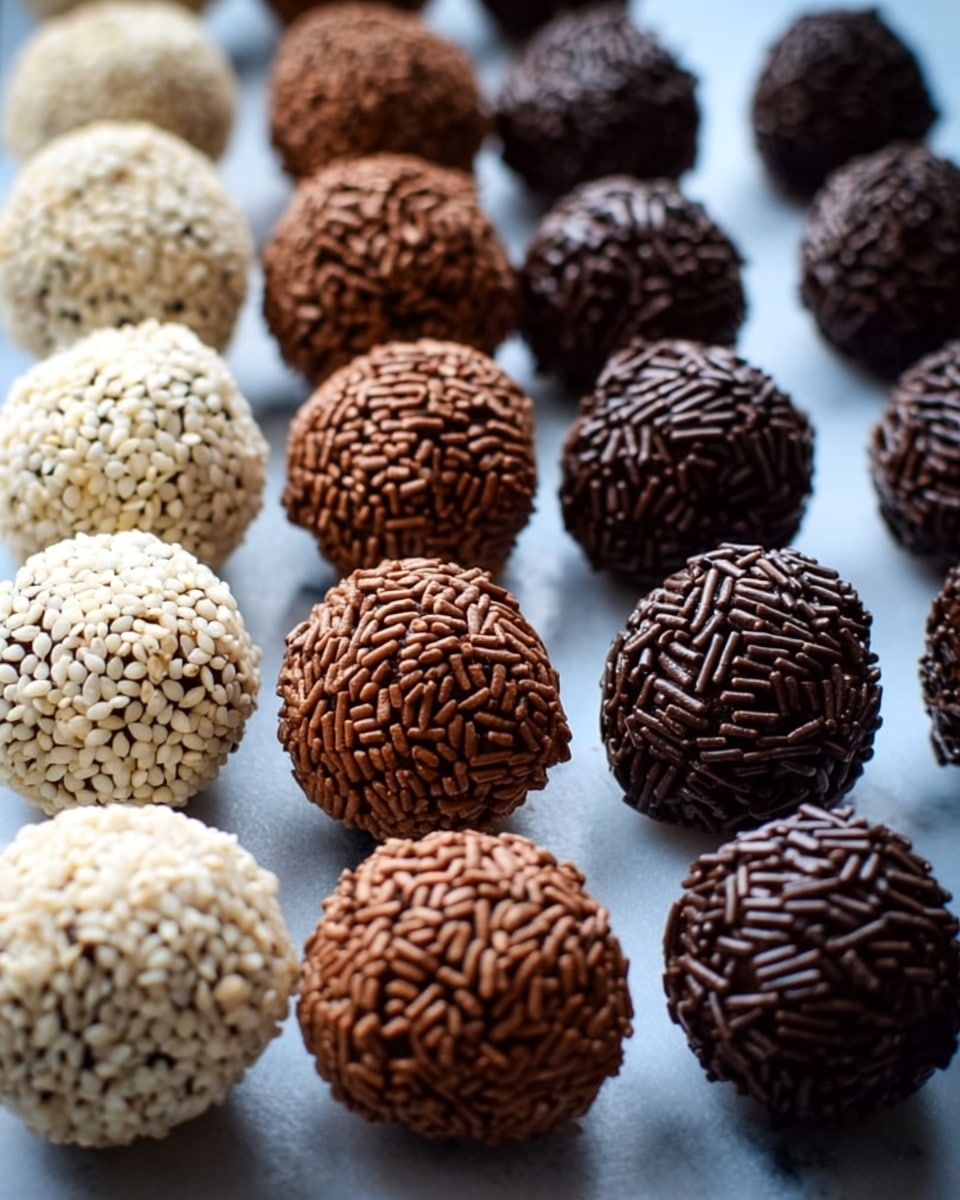 The image shows two rows of round chocolate truffles arranged neatly on a smooth white marbled surface, replacing the original blue plate. The left row features truffles coated fully in white sesame seeds, creating a rough, bumpy texture with a light beige color. The right row has truffles covered in dark chocolate sprinkles, which have a slender cylindrical shape and a rich dark brown color, giving a dense texture. Both types of truffles are similar in size and shape, placed closely together in a grid-like pattern. The image focuses clearly on the front pieces, with a soft blur on the truffles further back. photo taken with an iphone --ar 4:5 --v 7