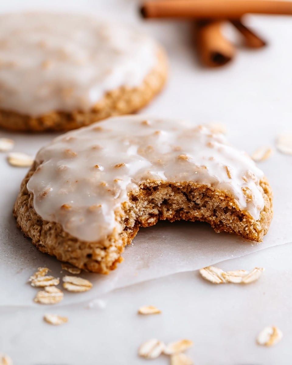 A close-up view of two oat cookies, one in front with a bite taken out of it, showing a crumbly texture with small visible oats in the soft brown dough. Each cookie has a smooth, slightly shiny light glaze spread thinly on top, creating a glossy white layer that fades at the edges. The cookies rest on a white marbled surface with a few loose oat flakes scattered around, and in the background, two cinnamon sticks lie softly blurred. photo taken with an iphone --ar 4:5 --v 7