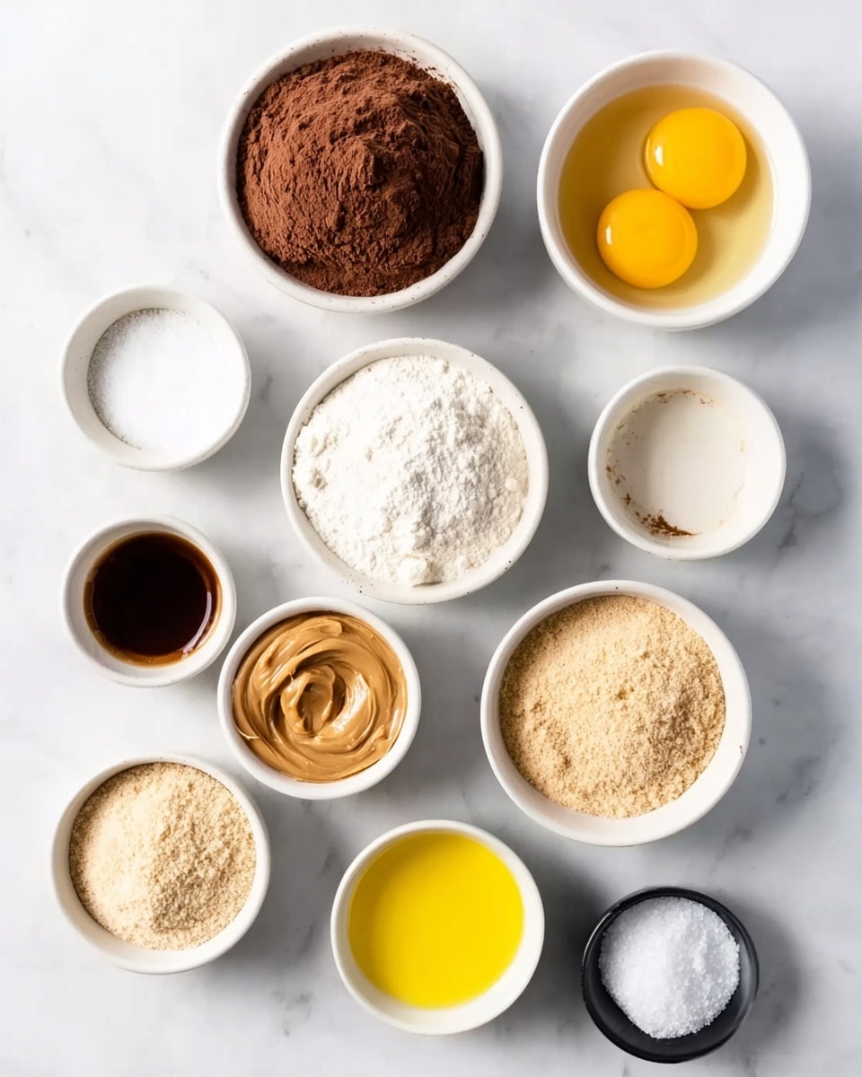 The image shows nine small white bowls arranged on a white marbled surface. Starting from the top left, a bowl is filled with dark brown cocoa powder with a soft texture and a small peak in the middle. To the right, a bowl holds two raw yellow egg yolks floating in clear egg whites with a shiny surface. Below the cocoa powder is a bowl filled with white powder, smooth and evenly spread. In the center is a bowl with creamy light brown peanut butter, thick with some swirls. To the right of the peanut butter, a bowl contains dark brown vanilla extract with a glossy surface. Below the white powder is a bowl filled with light beige almond flour with a grainy texture. Next to it, a bowl holds white sugar, fine and smooth on top. Below it is a bowl with melted yellow butter, shiny and partly solid. At the bottom right, a small black bowl contains white salt with a grainy texture. All bowls are evenly spaced with simple, clear contents. Photo taken with an iphone --ar 4:5 --v 7