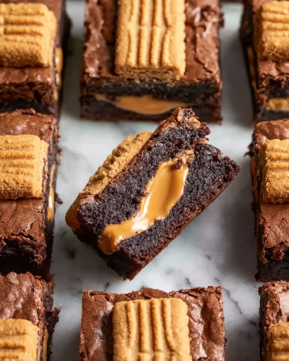 The image shows several square-shaped brownies arranged on a white marbled surface. Each brownie has two layers; the bottom and top layers are dark brown with a rich, dense texture, and the middle layer is creamy peanut butter, which looks smooth and slightly melted. On top of each brownie, there is a rectangular peanut butter cookie with a golden-brown color and a ridged edge pattern. One brownie is positioned diagonally, showing the gooey peanut butter filling inside. Photo taken with an iphone --ar 4:5 --v 7