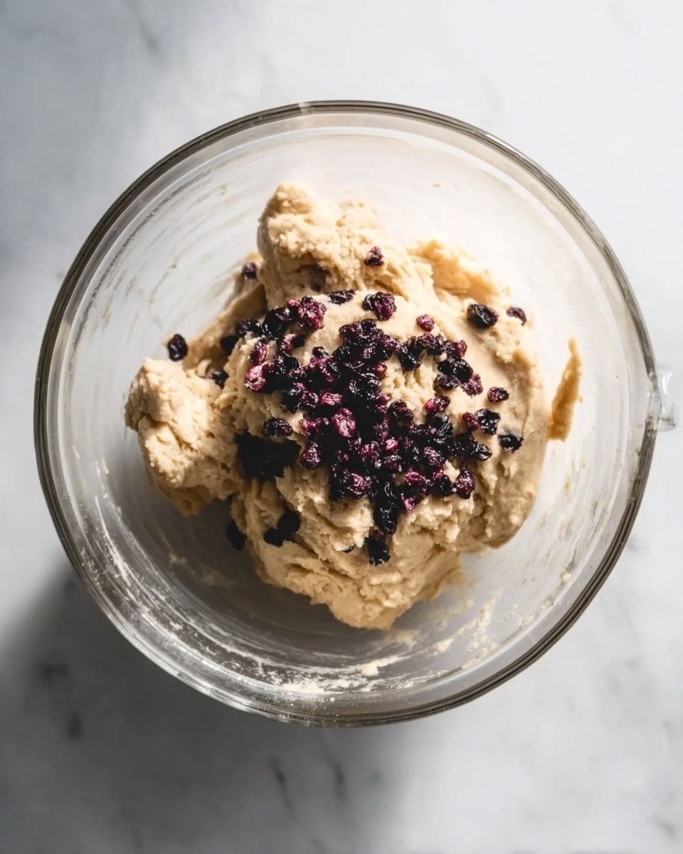 The image shows a clear glass mixing bowl filled with light beige dough. On top of the dough, there is a scattered layer of small dark purple and black dried fruit pieces. The bowl is sitting on a white marbled surface, and the lighting highlights the soft, thick texture of the dough and the contrasting colors of the fruit pieces. Photo taken with an iphone --ar 4:5 --v 7