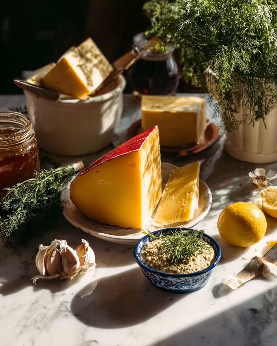 The image shows a white plate with a large wedge of yellow cheese topped with red wax in the center. Next to the cheese is a small blue and white bowl filled with a grainy spread garnished with dill on top. Surrounding the plate are cloves of garlic, a halved lemon, and a block of yellow cheese. At the back, there is a white bowl with a silver knife sticking out, resting on a jar of marmalade or honey, and a pot filled with fresh green herbs. The scene is set on a white marbled surface with soft sunlight casting shadows. Photo taken with an iphone --ar 4:5 --v 7