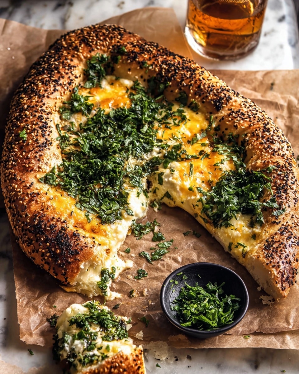 The image shows a thick sesame seed-covered bread with a golden brown crust, shaped in a slightly oval form and placed on brown paper over a white marbled surface. Inside, there is a layer of melted cheese that is creamy white and yellow, topped with chopped dark green herbs scattered all over. One piece is torn off from the bottom left corner, showing the soft, fluffy texture of the bread inside mixed with cheese and herbs. Next to the bread is a small black bowl filled with more fresh chopped green herbs, and a glass of amber-colored liquid is partially visible in the background. The photo is taken with an iphone --ar 4:5 --v 7