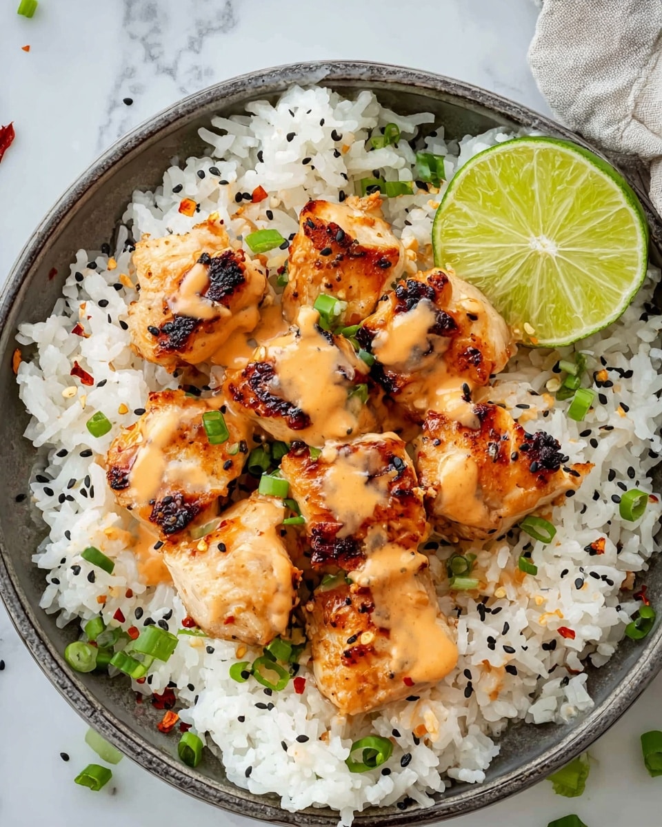 The image shows a white round plate filled with a base layer of fluffy white rice sprinkled evenly with black and white sesame seeds, as well as small red pepper flakes. On top of the rice, there are several pieces of grilled chicken glazed with a creamy, light orange sauce, arranged in a cluster at the center. The chicken pieces have a light charred texture, giving a slightly golden brown look with visible grill marks. Bright green chopped scallions are scattered over the chicken and rice, adding color contrast. A fresh lime wedge sits neatly on the right side of the plate. The plate is set on a white marbled surface. Photo taken with an iphone --ar 4:5 --v 7
