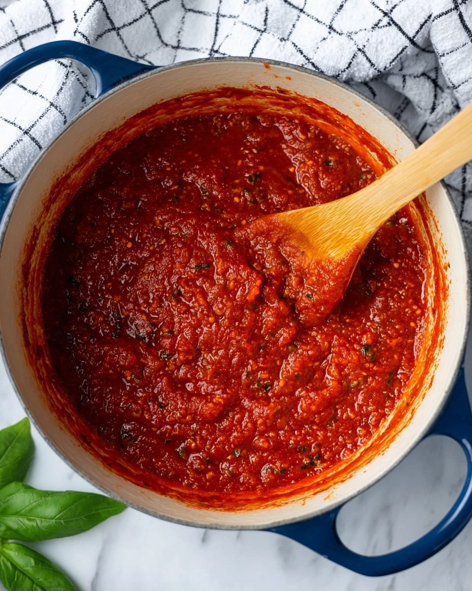 A close-up of a white pot with blue handles filled with thick, rich red tomato sauce that has a slightly chunky texture and bits of herbs mixed in, with a wooden spoon resting inside the pot partially covered by the sauce. The pot is placed on a white marbled surface with a white and black checkered cloth nearby and a couple of green basil leaves in the bottom left corner. The sauce's surface shows a mix of smooth and rough textures with some oil spots adding shine. Photo taken with an iphone --ar 4:5 --v 7
