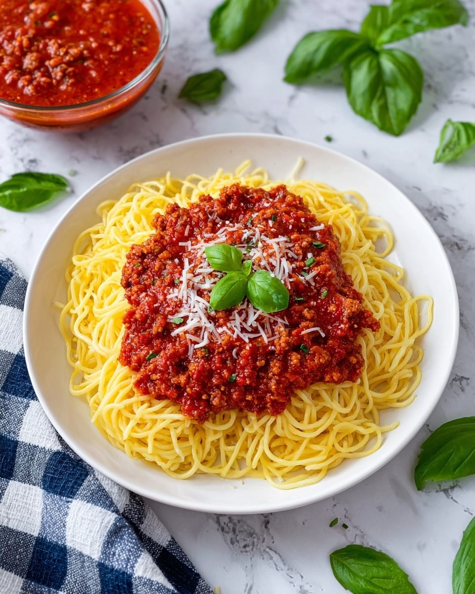 A white plate holds a single layer of cooked yellow spaghetti noodles arranged in a loose circular pile. On top, there is one thick, uneven layer of bright red tomato sauce mixed with small bits of ground meat. Light shreds of white cheese are scattered over the sauce, and a small cluster of fresh green basil leaves sits in the center. The plate rests on a white marbled surface, next to a glass bowl filled with more red sauce and a blue-and-white checkered cloth. A few green basil leaves are also placed around the plate. Photo taken with an iphone --ar 4:5 --v 7