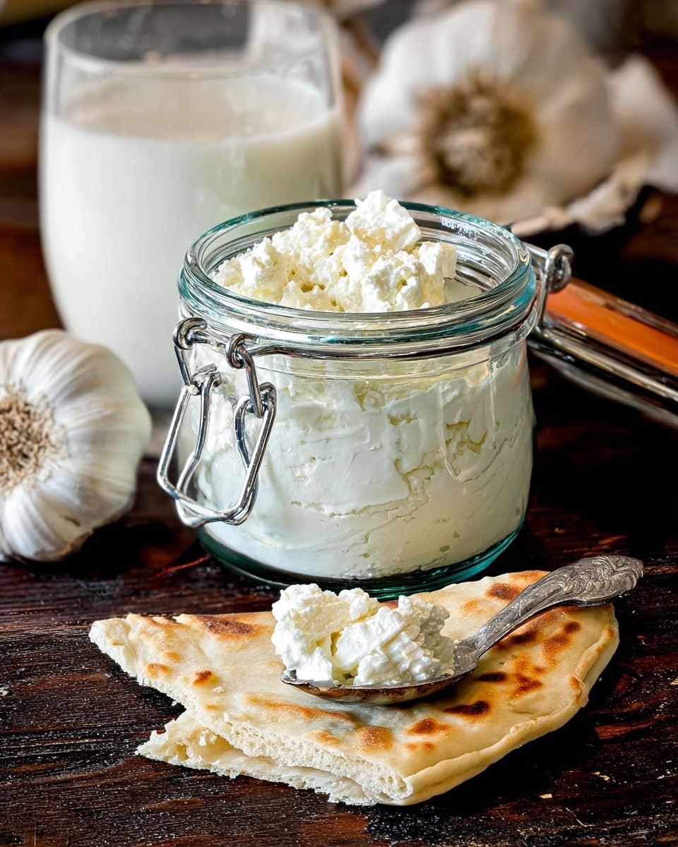 A clear glass jar with a metal clamp closed lid shows soft, white, crumbly cheese inside. In front of the jar, a piece of golden-brown flatbread with a crisp texture lies on a dark wooden surface, with a silver spoon resting on it holding some of the soft white cheese. Behind the jar, there is a clear glass filled with a creamy white liquid and two whole bulbs of garlic with rough, pale skin beside them. The surface is dark wood, while the background has a slightly blurred look, adding focus to the jar and bread. Photo taken with an iphone --ar 4:5 --v 7
