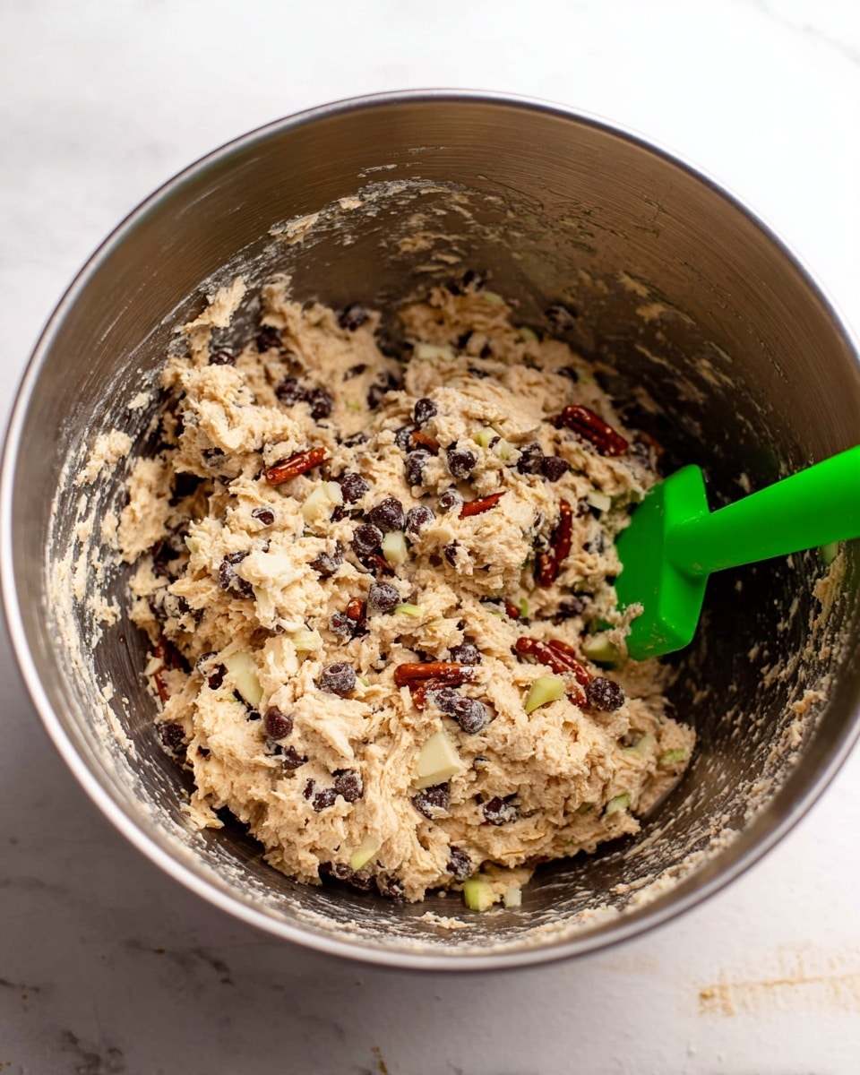 Inside a shiny metal bowl, there is a thick mixture made of light beige dough with many dark brown chocolate chips scattered throughout. Small red-brown pretzel pieces and thin, pale yellow apple slices are mixed in evenly. A green spatula with some dough stuck on it rests inside the bowl on the right side. The bowl sits on a surface with a white marbled texture. The photo taken with an iphone --ar 4:5 --v 7