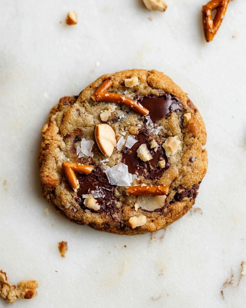 A single round cookie with a rough texture lies on a white marbled surface. The cookie has a golden brown color with darker brown melted chocolate patches scattered across it. On top, there are pieces of light beige pretzel, translucent flakes of salt, and small bits of chopped nuts that add texture and contrast. The cookie has a slightly uneven edge and a soft, dense look. Around the cookie, there are a few loose nut pieces and crumbs. photo taken with an iphone --ar 4:5 --v 7