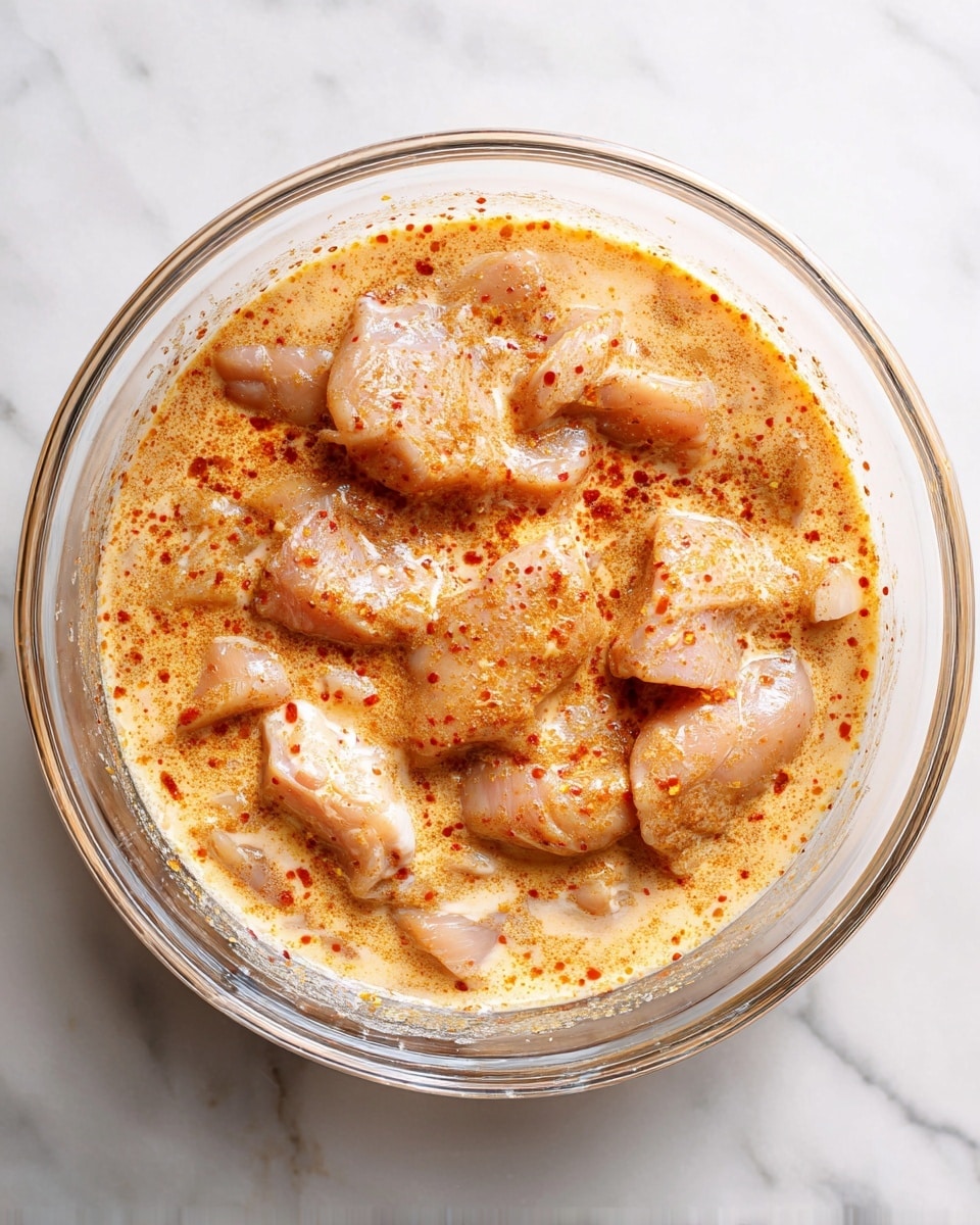 A clear glass bowl holds pieces of raw light pink chicken submerged in a creamy mixture with a light orange color, speckled evenly with fine red-orange seasoning. The chicken pieces vary in size and are scattered throughout the bowl, partially coated by the thick liquid. The bowl sits on a white marbled surface visible around the edges. Photo taken with an iphone --ar 4:5 --v 7