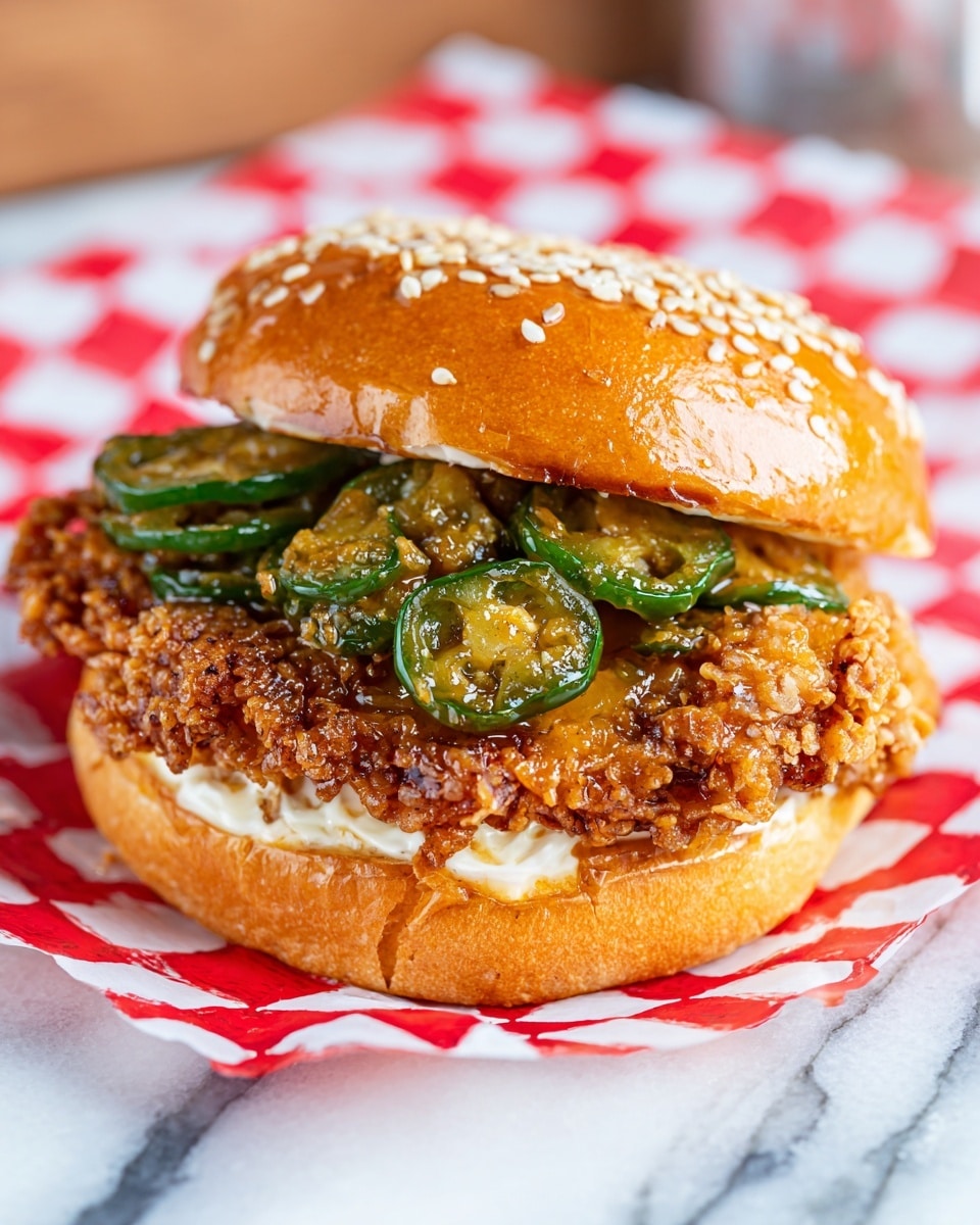 A fried chicken sandwich is shown with two main layers: the sandwich bottom has a light brown sesame seed bun with a crispy fried chicken layered on top. The fried chicken is golden-brown with a crunchy texture, covered with green sliced jalapeños shiny with oil. The sandwich top bun is lifted back, revealing white mayonnaise swirled inside it. The sandwich is placed on a white paper with a red checkered pattern, all sitting on a white marbled surface. Photo taken with an iphone --ar 4:5 --v 7