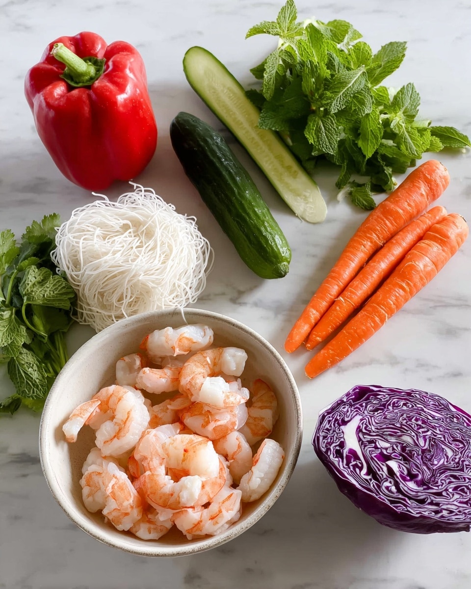 A white bowl filled with peeled, pinkish-orange cooked shrimp is placed on a white marbled surface. Nearby, there are two small white nests of thin noodles. Surrounding these are fresh vegetables and herbs including a bright red bell pepper, a vibrant orange carrot, two dark green mini cucumbers, a purple and white half head of cabbage, a green spring onion, and small bunches of fresh green cilantro and mint leaves, all arranged around the bowl and noodles. photo taken with an iphone --ar 4:5 --v 7