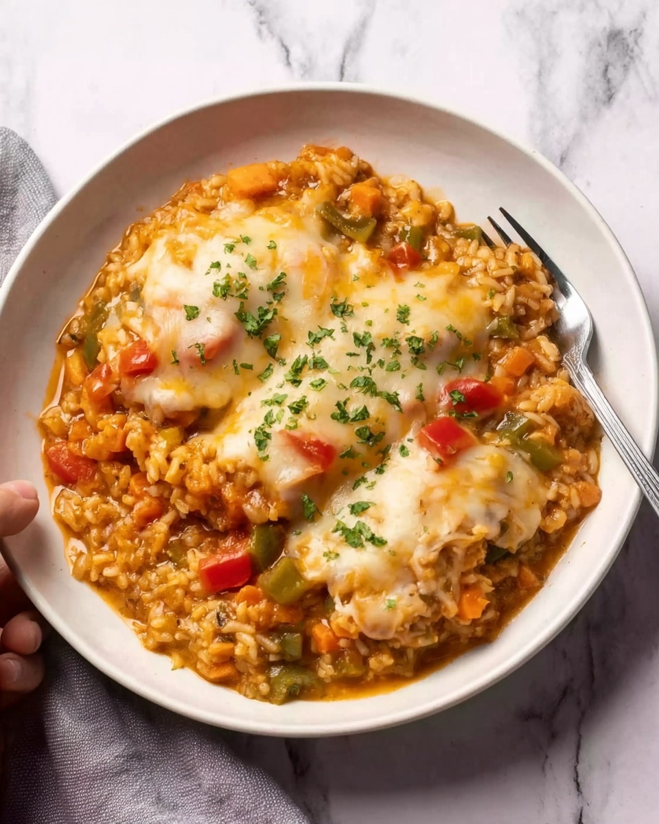 The image shows a white bowl filled with a warm dish consisting of three main layers. The bottom layer is a beige-orange rice base mixed with small bits of orange and green vegetables, giving a soft and moist texture. The middle layer contains slightly softened, diced green and red bell peppers, scattered evenly throughout. The top layer has three melts of light golden brown cheese spread over the rice and veggies, sprinkled with finely chopped green herbs for garnish. There is a fork placed on the right side of the bowl resting on a white marbled surface. A woman's hand is holding the bowl from the left side. Photo taken with an iphone --ar 4:5 --v 7