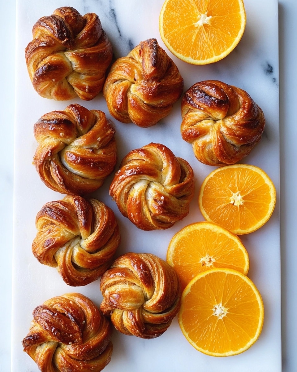 There are eight golden brown twisted buns arranged on a white marble board. Each bun has a glossy, shiny surface showing layers of dough twisted into a knot shape with visible swirls and slight browning at the folds. Two bright orange halves and three round orange slices lie on the board, their juicy texture and vibrant color contrasting with the warm tones of the buns. The setup is clean and bright, with the white marble background enhancing the fresh look of the oranges and the baked buns. photo taken with an iphone --ar 4:5 --v 7