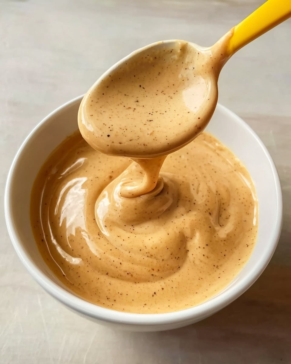 A white bowl filled with a thick, smooth light brown sauce with tiny black specks evenly mixed inside. A yellow-handled spoon lifts some sauce above the bowl showing its creamy, slightly shiny texture. The bowl is placed on a white marbled surface with soft lighting that highlights the sauce's silky consistency. Photo taken with an iphone --ar 4:5 --v 7